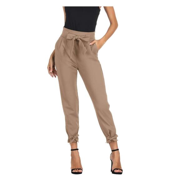 Liumilac Women Tan High Waist With Pockets Bow-knot Cropped Dress Pants Size L - Picture 3 of 9